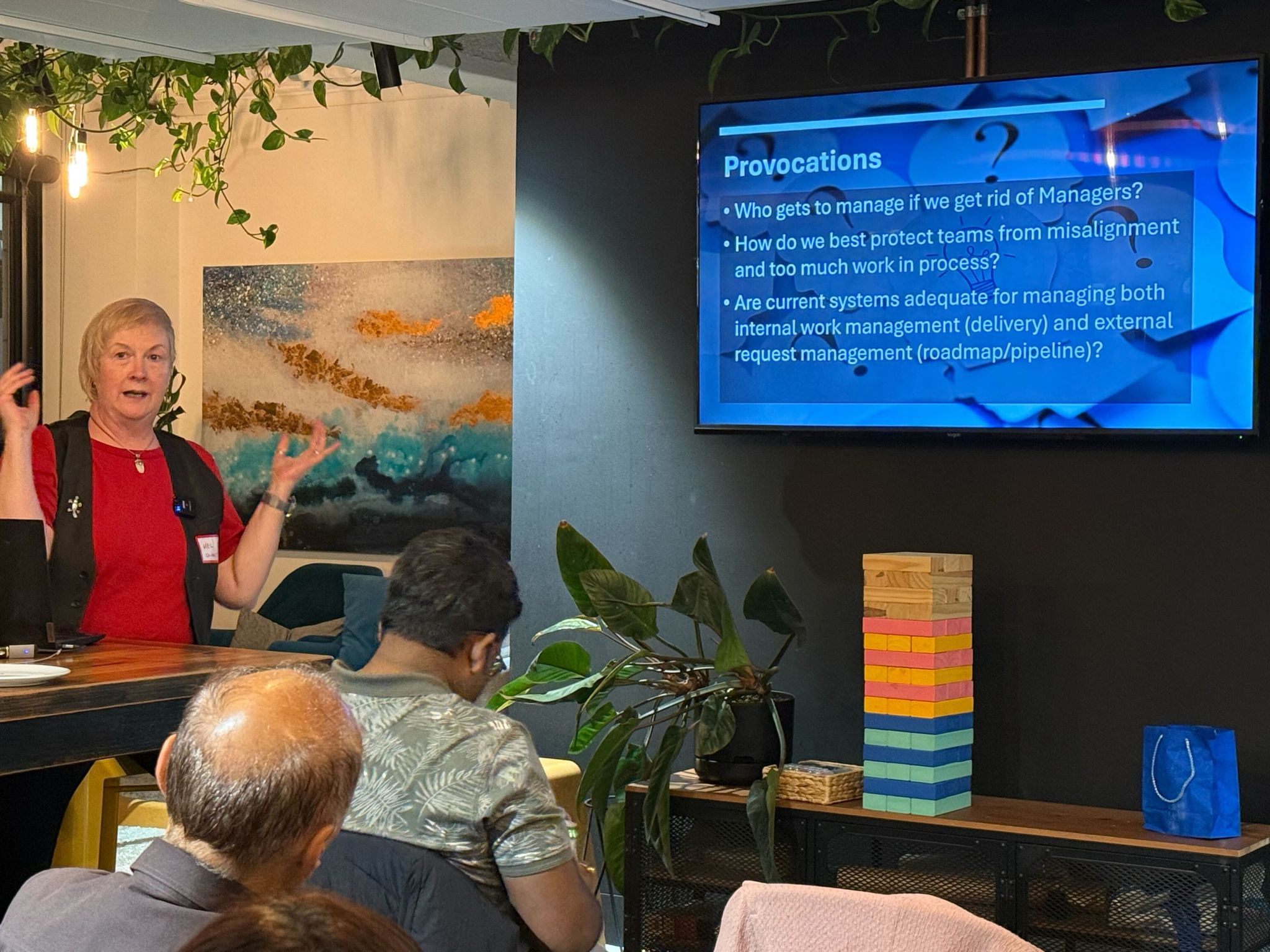 “Provocations” slide: who manages without managers, protecting teams from overload, and internal vs external work management